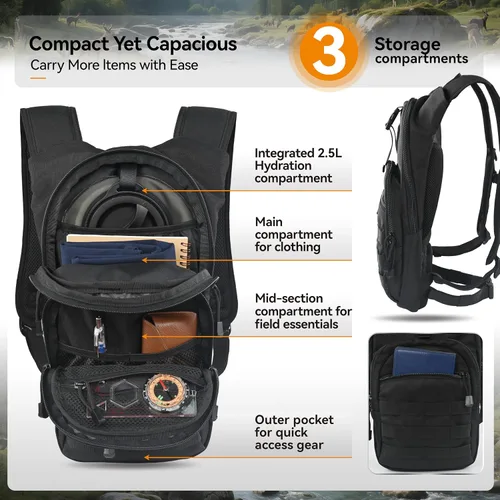 Miniatura 3 de MARCHWAY Mochila de Hidratación Táctica Molle con Vejiga de Agua de TPU de 2.5L, Mochila Militar Organizada de Perfil Bajo para Senderismo, Negro