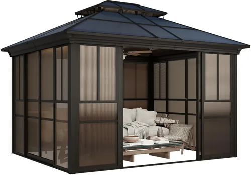 Miniatura 9 de YOLENY Gazebo de 10 x 12 pulgadas, solárium cerrado al aire libre con techo de policarbonato tintado, 4 puertas correderas con cerradura y marco
