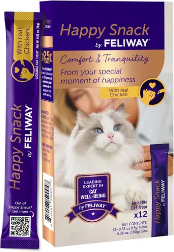 Happy Snack de FELIWAY®, Golosinas lamibles y exprimibles en puréa para gatos para una rutina diaria de calma, hechas con pollo real, paquete de 12