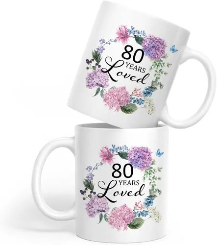 Miniatura 2 de 80 Years Loved - Taza de cerámica blanca con estampado de letras de 11 onzas, regalo de cumpleaños 80 para mujeres