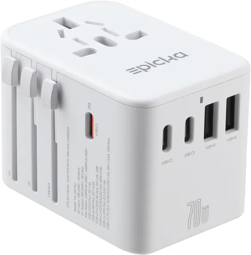 Miniatura 8 de EPICKA Adaptador de viaje universal, adaptador de enchufe internacional GaN con 3 USB-C de carga rápida PD de 70W y 2 USB-A todo en uno cargador
