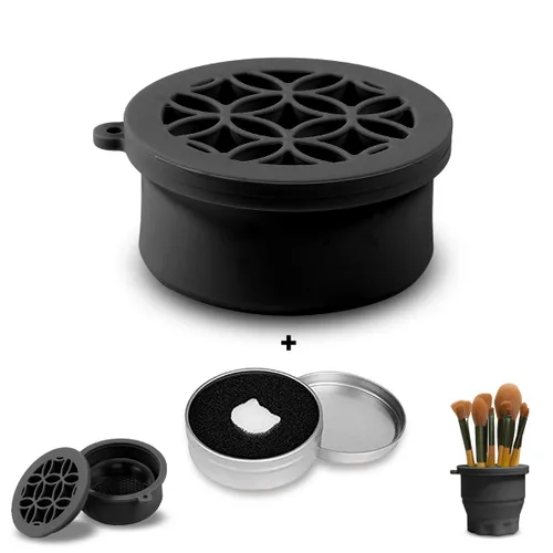 Iborrys Taza de limpieza de cepillo de maquillaje de silicona - Soporte plegable portátil y limpiador, diseño 2 en 1 (negro)