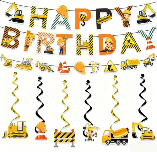 Suministros para fiestas de cumpleaños de construcción, carteles de feliz cumpleaños, guirnalda de vehículos, camiones, 6 unidades, excavadora,