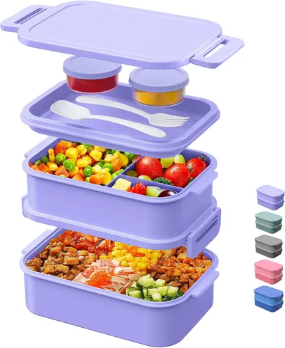 Miniatura 8 de DaCool Lonchera Bento para adultos, caja Bento de 74 onzas, contenedor apilable todo en uno para adultos, caja Bento grande con tenedor, cuchara