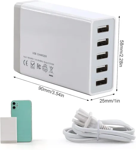 Miniatura 7 de Cargador de pared USB, estación de carga USB de escritorio para múltiples dispositivos, 40W 8A, 5 puertos, cargador portátil de viaje para teléfono
