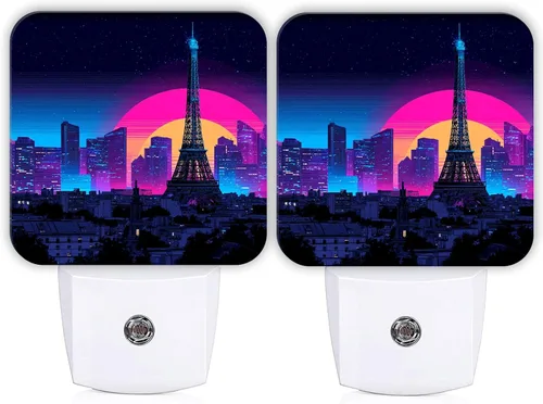 Miniatura 8 de Paris Tower Night Lights Plug Into Wall, Retro Futuristic City Skyline Sunset Summer Peach Dusk to Dawn Led Plug in Night Lights for Bathroom