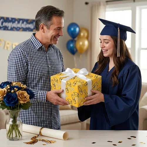 Miniatura 3 de WAPLIGHAL Papel de regalo de graduación para clase de 2026 – Gorras de graduación, diplomas, estrellas y lo hiciste en negro, color dorado, papel