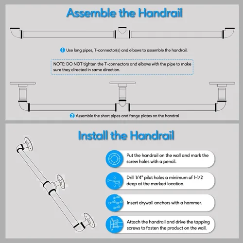Miniatura 6 de Barandilla de tubo para escalera Rectoo, pasamanos de escalera de metal de 3 pies, pasamanos de hierro industrial galvanizado negro para soporte