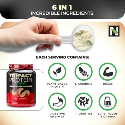 Miniatura 4 de Nutrology TRIPACT Proteína vegana en polvo, mezcla orgánica de guisantes, arroz y calabaza, batido de reemplazo de comidas con BCAA y glutamina