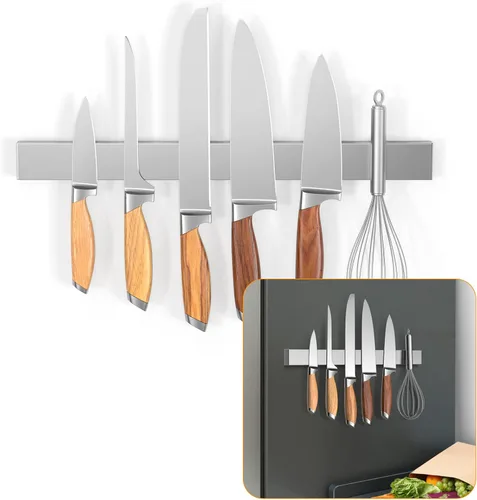 Miniatura 9 de Ninonly Portacuchillos magnético de 20 pulgadas para refrigerador, tira magnética de acero inoxidable de doble cara para pared, sin perforaciones