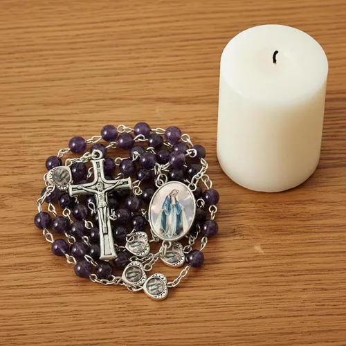 Miniatura 2 de Nazareth Store Cuentas de piedra natural con corazón de epoxi milagroso, cuentas de metal, collar de rosario, regalos cristianos de piedras preciosas