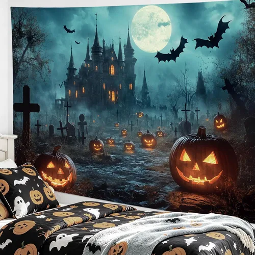 Miniatura 14 de EOBTAIN Scary Halloween Tapestry Gothic Black Crow Skull in Horror Graveyard Tapestry Wall Hanging Spooky Raven under Misty Full Moon Night Wall Art