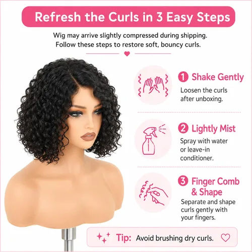 Miniatura 5 de Peluca de cabello humano rizado profundo de 12 pulgadas para mujer, peluca de encaje frontal sin pegamento, cabello Remy brasileño rizado Jerry
