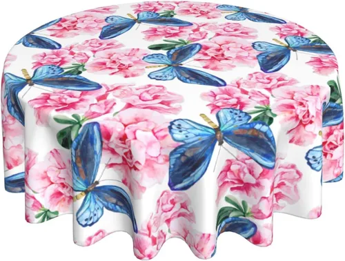 Gianlaima Mantel redondo de primavera con diseño de mariposa azul azalea rosa, impermeable, lavable, para el hogar, restaurante, cocina, picnic,