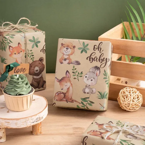 Miniatura 5 de RUSPEPA - Rollo de papel para envolver regalos con diseño de animales del bosque, mini rollo, papel kraft con texto "Oh Baby" para baby shower
