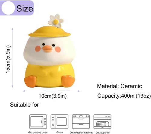Miniatura 5 de Linda taza de café de pato 3D, divertida taza de café de cerámica de pato con tapa con sombrero y encantadora cuchara de flores, apta