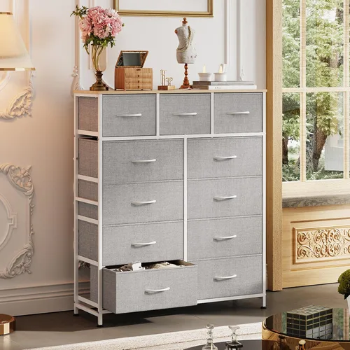 Miniatura 4 de WLIVE Cómoda alta para dormitorio, torre de almacenamiento de aparadores de tela, cómoda y cómoda con 11 cajones, armario de almacenamiento, Gris