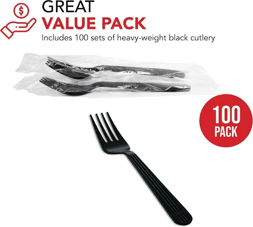 Miniatura 2 de Party Essentials Juegos de Utensilios de Plástico Negro Envueltos Individualmente/Paquetes de Cubiertos de Servicio Pesado, Tenedor, 100