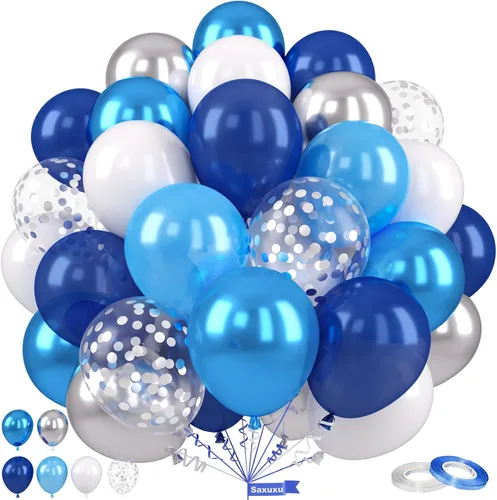 Miniatura 29 de Globos Saxuxu azul, amarillo y naranja, de 12 pulgadas, globos retro azul marino, amarillo y naranja, de látex y helio para cumpleaños de niños