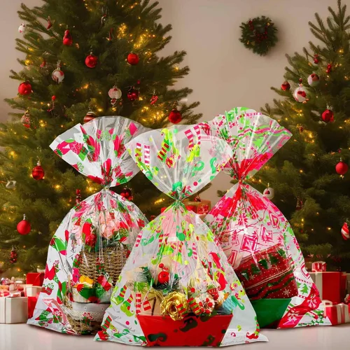 Miniatura 7 de Cholemy 30 Piezas Bolsas Grandes de Celofán para Canastas de Regalos de Navidad 19.7" x 27.6" Bolsas Jumbo Transparentes Rojas Verdes de Plástico