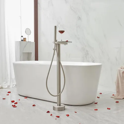 Miniatura 4 de BWE Grifo de bañera independiente de níquel cepillado, relleno de bañera de una sola manija, grifo mezclador de alto flujo con ducha de mano