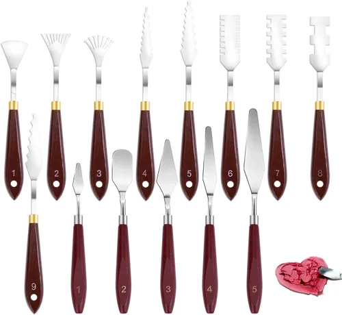 Juego de 14 cuchillos de paleta, cuchillo de pintura de acero inoxidable, espátula de pintura con mango de madera, accesorios de pintura al óleo