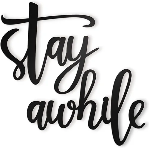 Vivegate Letreros metálicos para pared con texto en inglés «Stay Awhile», 2 letreros negros para decoración del hogar (mediano: 28 x 12 pulgadas)