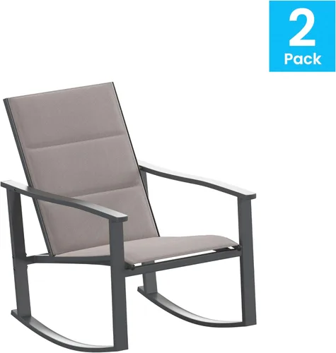 Miniatura 9 de BizChair Juego de 2 mecedoras para exteriores marrones con material Flex Comfort y marco de metal negro