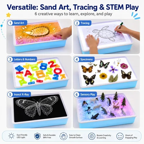 Miniatura 4 de Caja de luz de pintura de arena de 16 pulgadas, mesa sensorial portátil iluminada para niños y adultos, 3 modos de color y 10 niveles, mesa