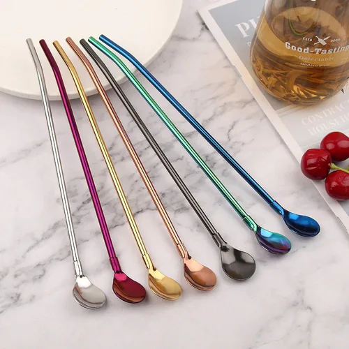 Miniatura 3 de 7 popotes de metal para beber con 2 cepillos de limpieza de 8.5 pulgadas, cuchara de barra reutilizable para café helado, bebida congelada, batidos
