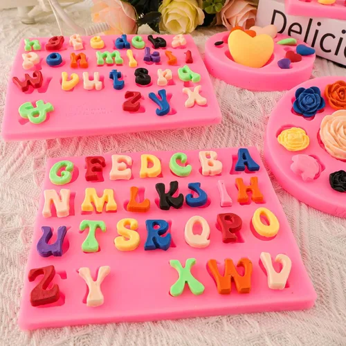 Miniatura 3 de Moldes de letras del alfabeto, 5 piezas de letras y números, forma de corazón, flores, molde de silicona para fondant de chocolate, arcilla