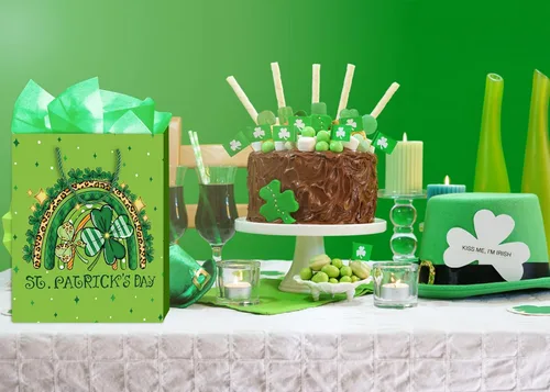 Miniatura 5 de WaaHome Bolsa de regalo del día de San Patricio con asa, bolsas de regalo de trébol verde grande con papel de seda, bolsa de regalo de papel
