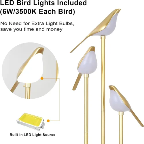 Miniatura 2 de Lámparas de pie doradas para sala de estar, lámpara de pie moderna con estantes, lámpara de pie de mediados de siglo con 3 luces LED de pájaro
