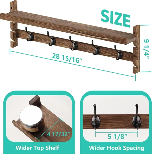 Miniatura 5 de AMBIRD Ganchos de pared con estante de 73.4 cm Entrada de pared con estante, ganchos para abrigos de madera, perchero de pared con estante
