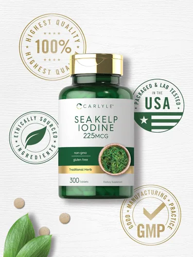 Miniatura 8 de Carlyle - Suplemento de yodo de alga marina 225 mcg 300 tabletas Sin GMO, sin gluten Suplemento de hierbas tradicionales