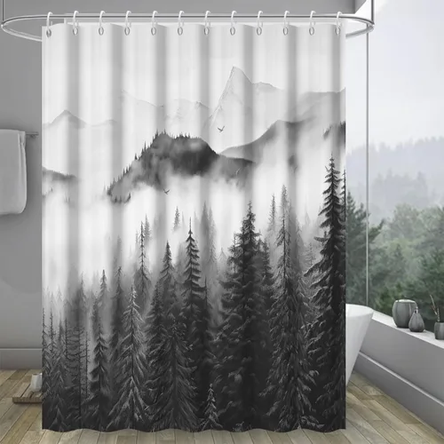Miniatura 2 de Cortina de ducha pequeña en blanco y negro, juego de cortina de ducha de bosque brumoso para baño, impermeable, decoración de baño de montaña