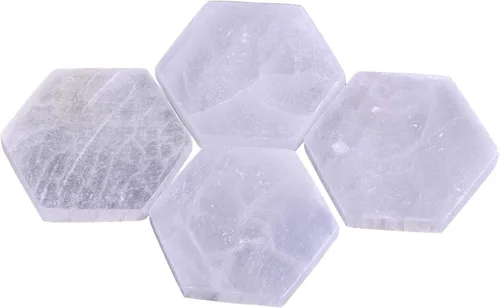 AMOYSTONE 4 posavasos hexagonales pequeños de selenita marroquí y estación de carga de Reiki, placa de cristal plana/bandeja para equilibrio de