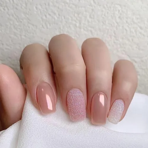 Miniatura 15 de Uñas postizas verdes a presión - Uñas falsas cortas cuadradas con purpurina dorada y diseños de remolino, acabado brillante, uñas postizas acrílicas