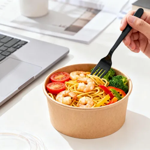 Miniatura 2 de Retainbre Paquete de 50 unidades 25 oz Cuencos de papel desechables con tapas y tenedores para ensaladas para llevar, recipientes para comida fría