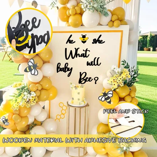Miniatura 6 de Calcomanías de Decoración para Fiesta de Revelación de Género de Abeja Bebé de Madera Él o Ella Qué Será Abeja Bebé Letreros de Baby Shower