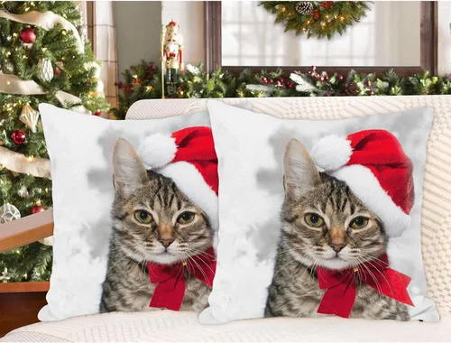 Miniatura 5 de SPXUBZ - Funda de almohadón navideño con gato de vacaciones de invierno con gorro rojo de Santa, funda cuadrada para sofá, cama, silla o sofá cama