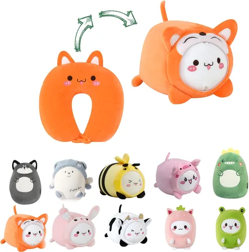 Miniatura 13 de Almohada de viaje para niños, almohada de cuello deformable 2 en 1 para niños, almohada suave en forma de U con adorable diseño de animales, cómodo