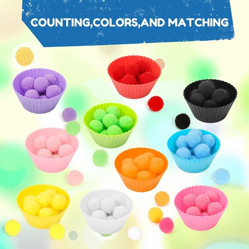 Miniatura 5 de 114 piezas de relleno para contenedor sensorial de habilidades motoras finas, incluye 10 tazones de clasificación, 100 pompones, 2 pinzas, 2