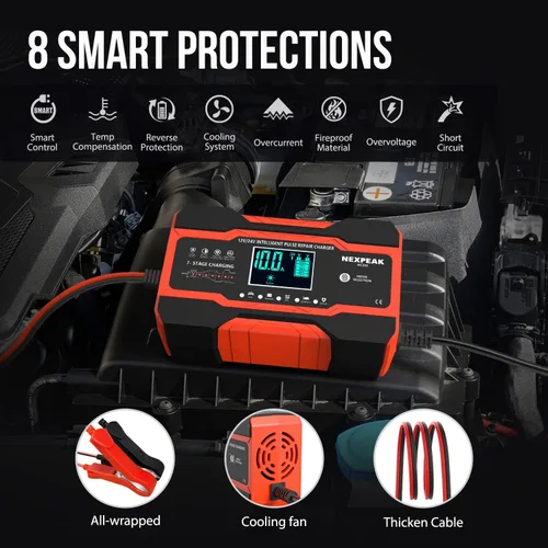 Miniatura 4 de NEXPEAK NC201 - Cargador de batería de 10 amperios, cargador inteligente de goteo de 12 V, 24 V, cargador de batería de automóvil, desulfatador