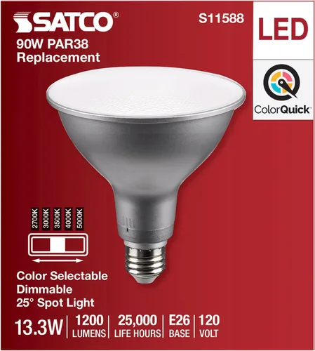 Miniatura 4 de Satco S11588; LED PAR38 de 13.3 vatios; base media; acabado plateado; CCT seleccionable; 120 voltios; ángulo de haz de 25 grados