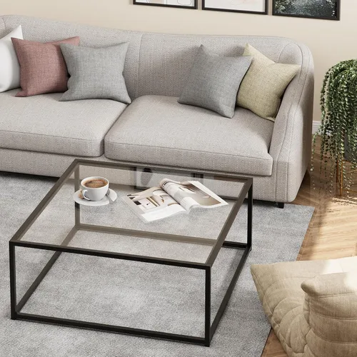 Miniatura 3 de Mesa de Café de Vidrio Negro para Sala de Estar, Mesas de Café Cuadradas para Espacios Pequeños, Mesas Centro Modernas de Té y Cóctel Simples, Mesas