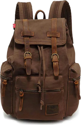 Miniatura 14 de HuaChen Mochila de viaje de lona vintage con ribete de cuero, funda acolchada para laptop, bolsillo de seguridad trasero oculto, se adapta a 14
