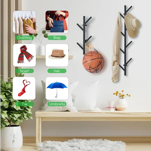 Miniatura 6 de Juego de 2 percheros negros para pared, perchero flotante de diseño moderno, perchero para ropa, bufandas, bolsos, gorras, ganchos verticales