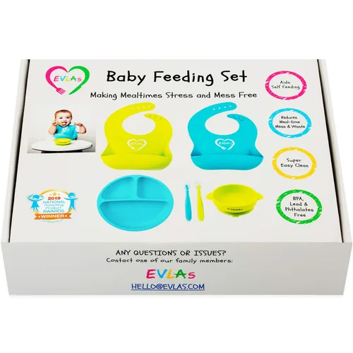 Miniatura 7 de EVLA'S Juego de alimentación para bebés, suministros de destete para bebés, baberos de silicona ajustables, plato dividido, cuenco de succión