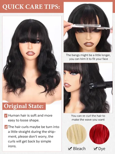 Miniatura 9 de WIGNEE Pelucas onduladas naturales con flequillo, 100% cabello humano brasileño, pelucas onduladas de moda, color negro natural